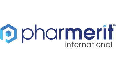 The logo of Pharmerit International with a blue hexagon icon and the company name in blue and black text.