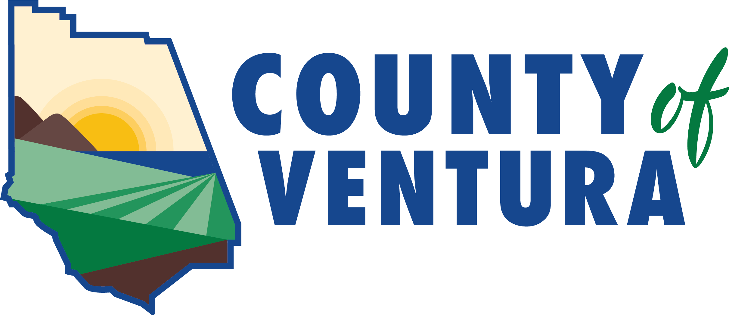 Logo of Ventura County featuring a stylized star map with a sun rising over mountains, and the text 'County of Ventura' in bold blue and green font.