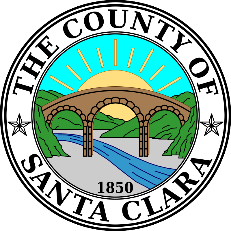 Seal of Santa Clara County, featuring a bridge over a river with mountains and a sunrise in the background, along with the text 'The County of Santa Clara' and the year 1850.