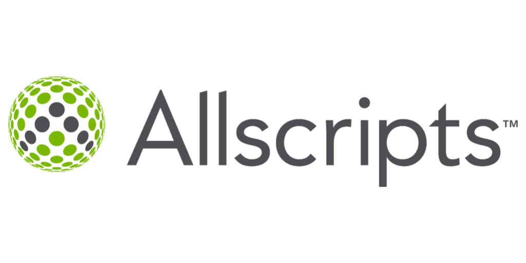 Allscripts logo featuring a green and gray spherical design and the word 'Allscripts' in gray text.