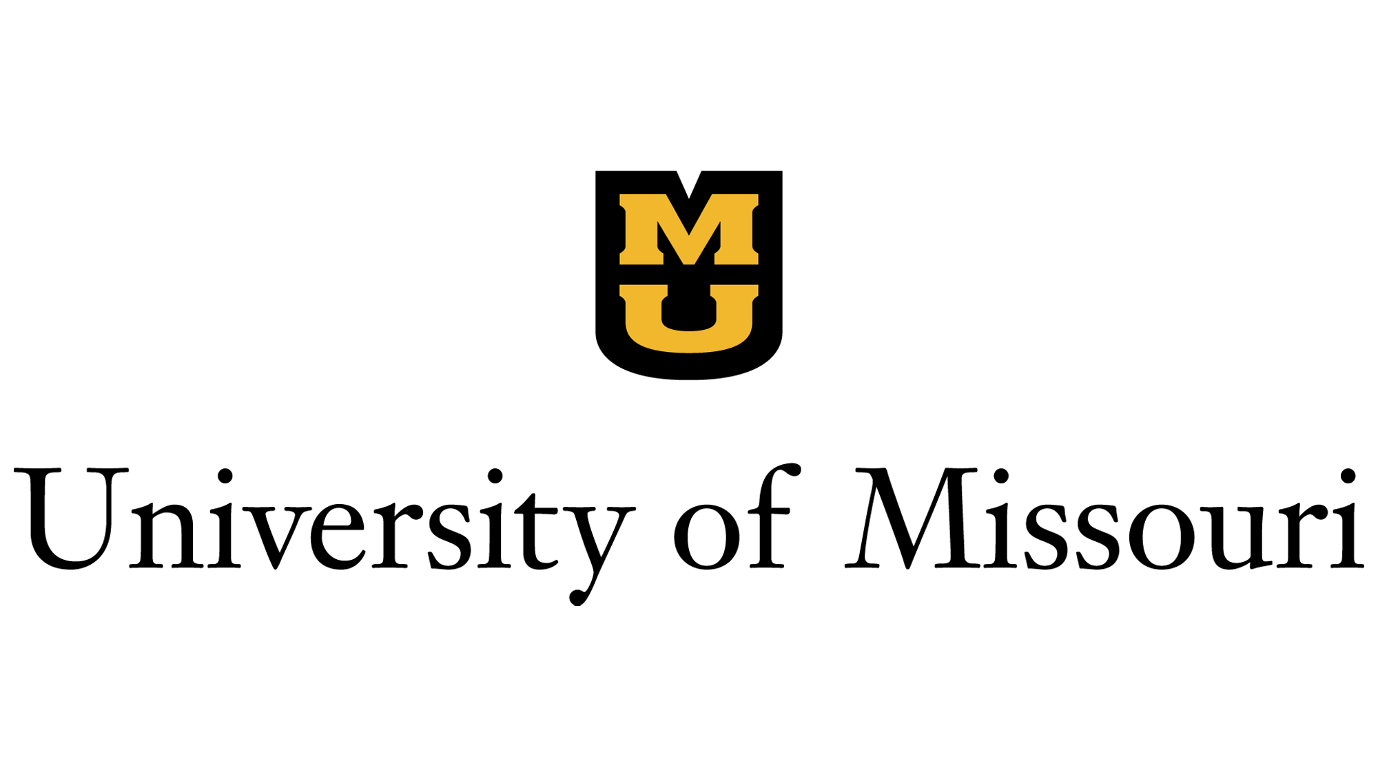 Black background with a shield-shaped emblem in the center containing the letters 'M' and 'U' in gold.
