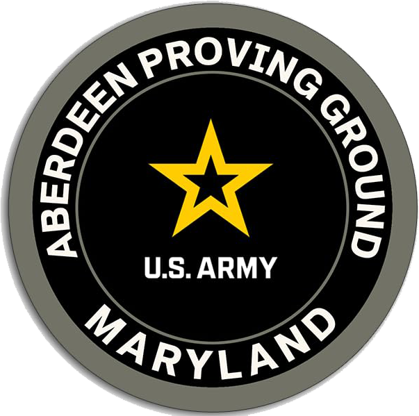 Patch with black center, white and gray border, and yellow star in the middle. Text reads 'Aberdeen Proving Ground Maryland U.S. Army.'