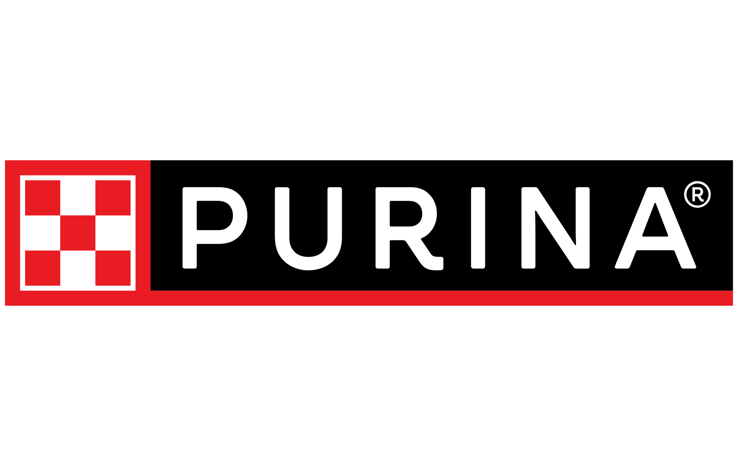 Purina logo with red and white checkered emblem and black background.