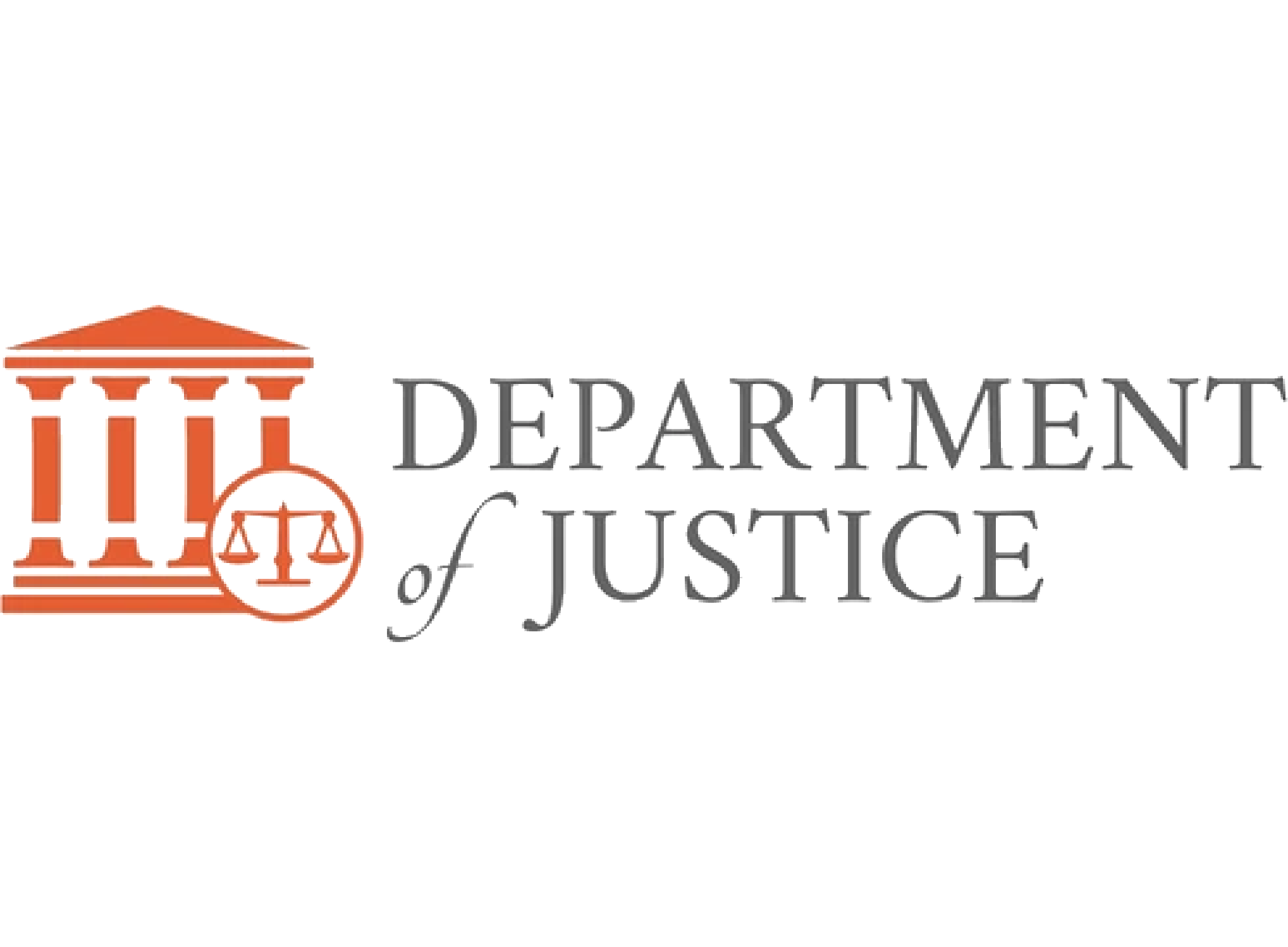 Close-up of a logo for the Department of Justice with classical building columns on the left and the words 'Department of Justice' in large font.