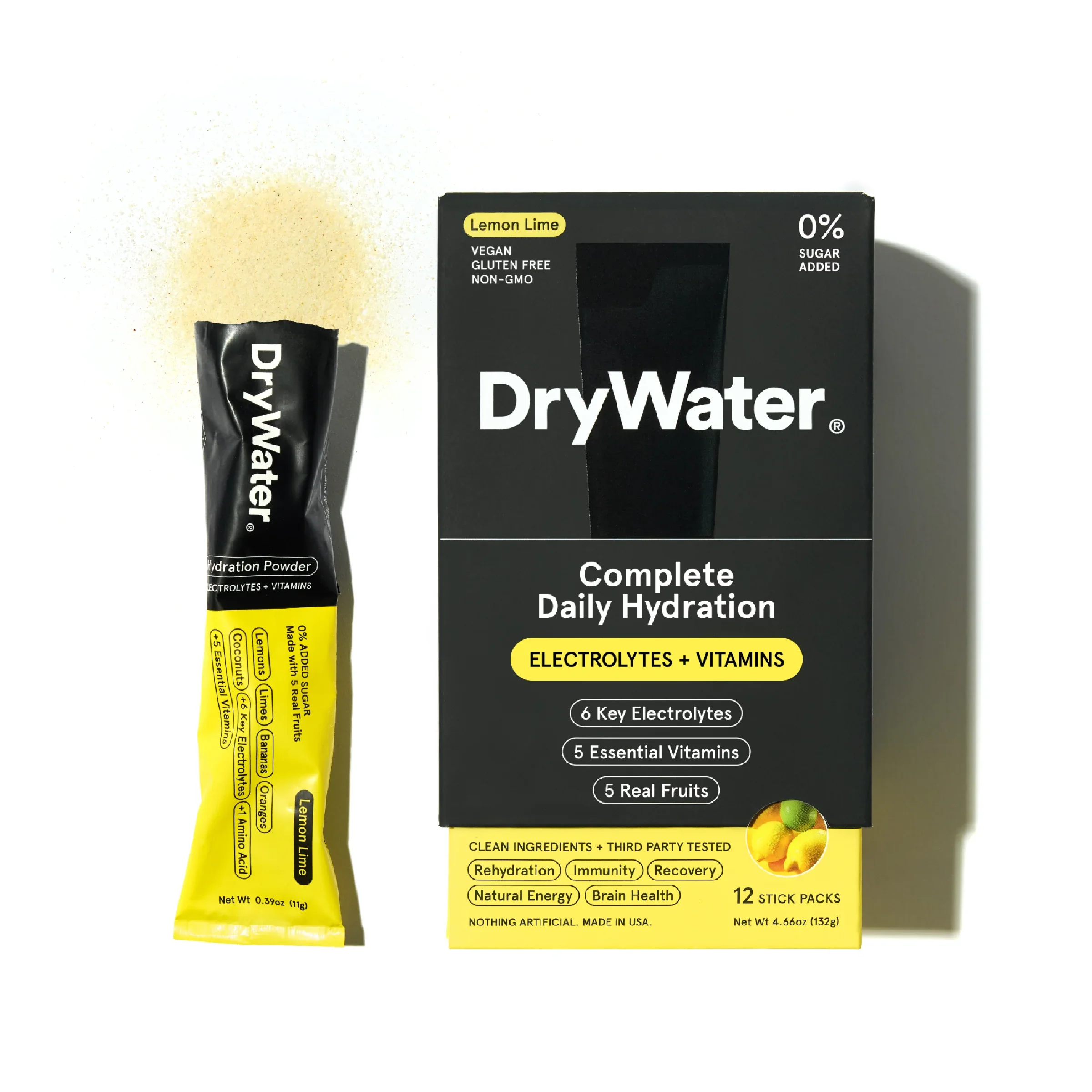 Packaging of Lemon Lime DryWater electrolyte packets, featuring a black box with product information, and a yellow stick packet labeled Lemon Lime flavor, highlighting ingredients such as electrolytes, vitamins, and natural fruit extracts.