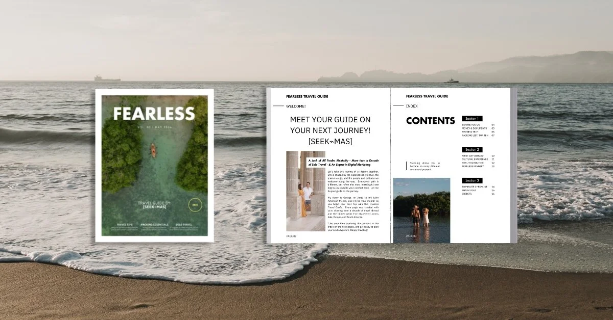 seekmas.com free fearless travel guide cover and contents page over ocean waves in playa la ropa zihuatanejo mexico.