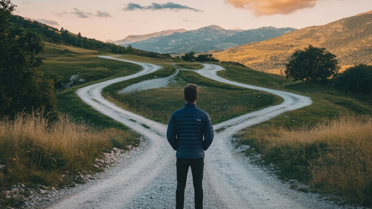 man with two roads in front of him - needing to make a decision