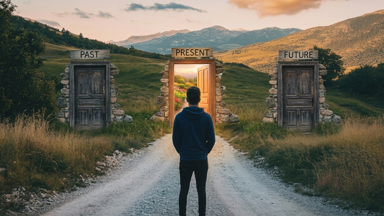 man with three doors to choose - past, present, and future