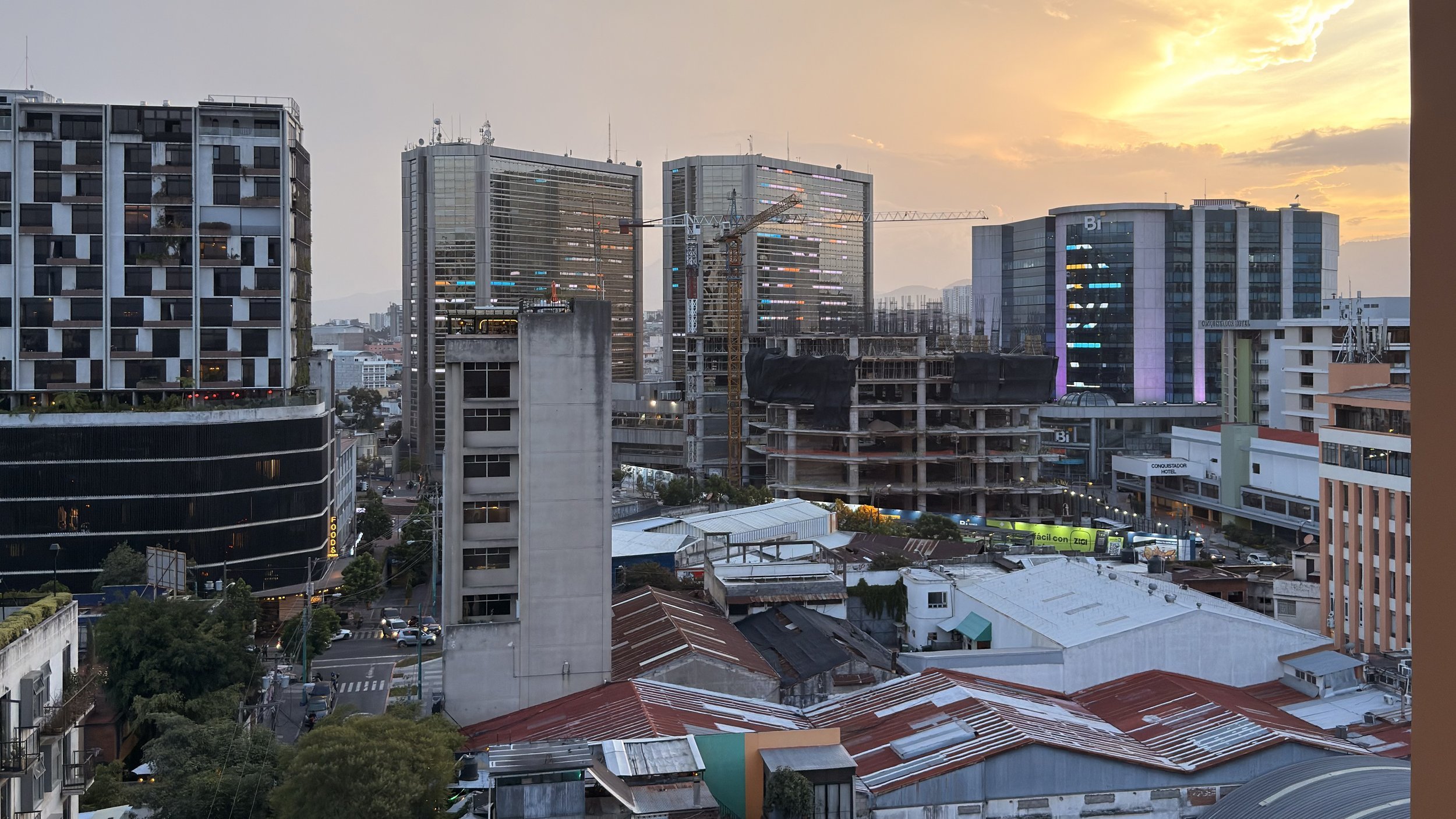 Sunset over the high-rise skyline of Zona 4 in Guatemala City
