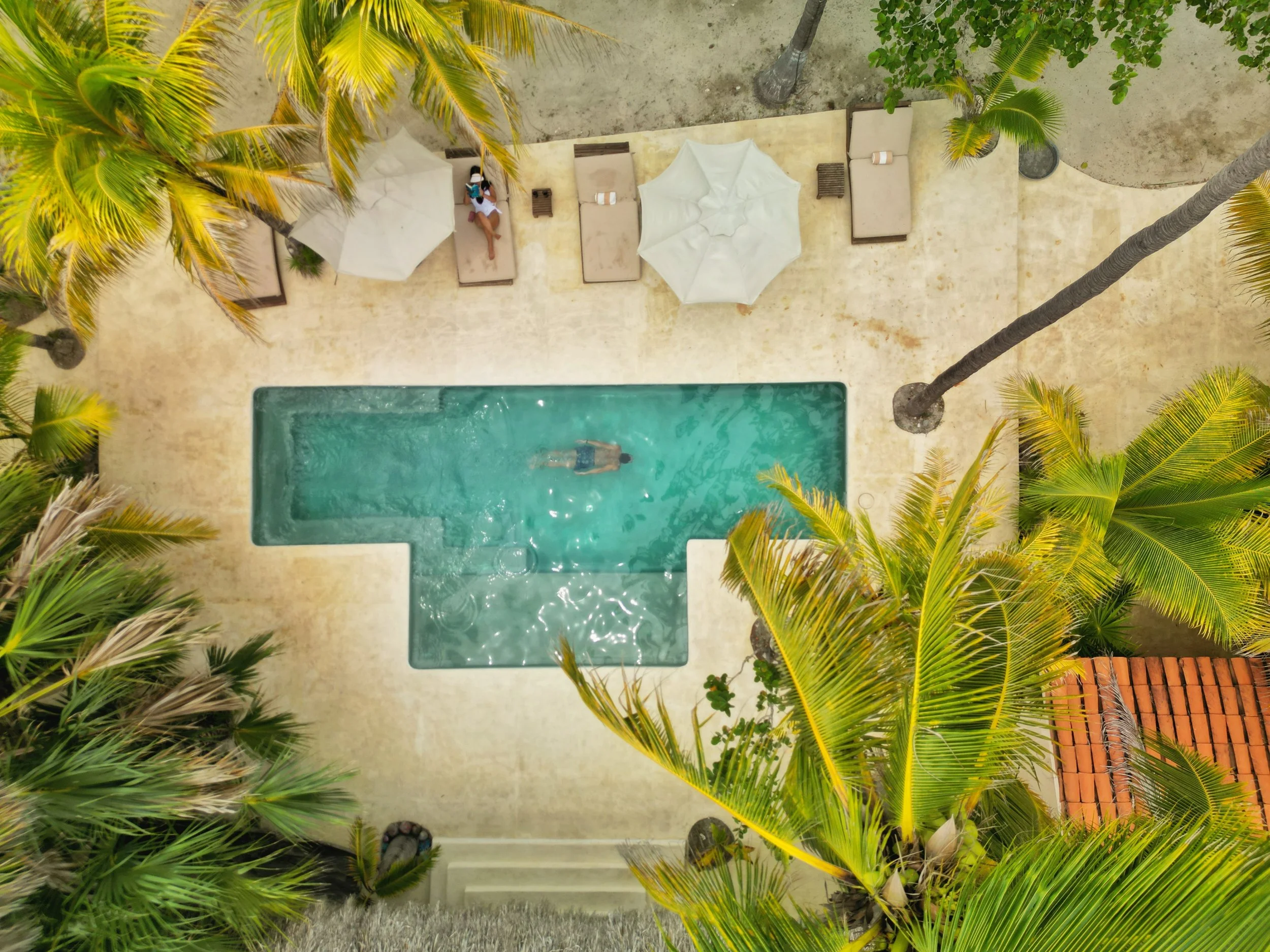 An aerial view of a swimming pool at Casa Las Gatas, a Luxury Rental, with Casa Zih Villas in Zihuatanejo surrounded by palm trees, lounge chairs, and umbrellas on a sandy patio at a tropical resort.