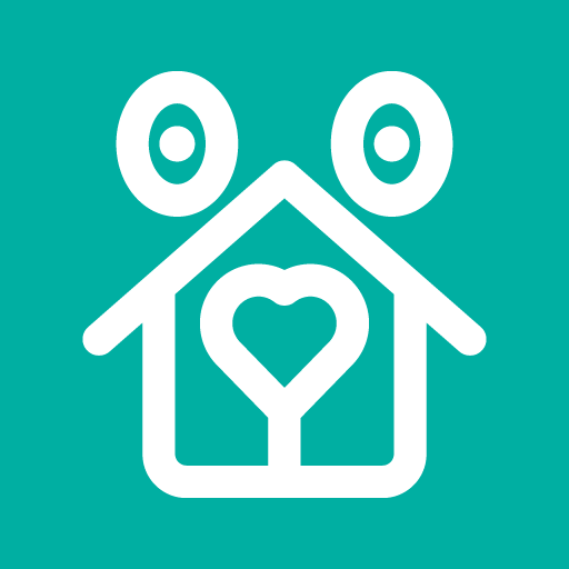 Stylized white house outline with a heart inside and two circular shapes above, on teal background.