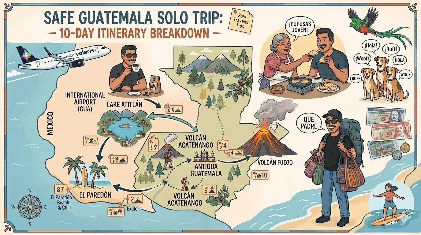 Illustrated map of a 10-day solo Guatemala itinerary: Antigua, Acatenango, Lake Atitlán, El Paredón and Guatemala City
