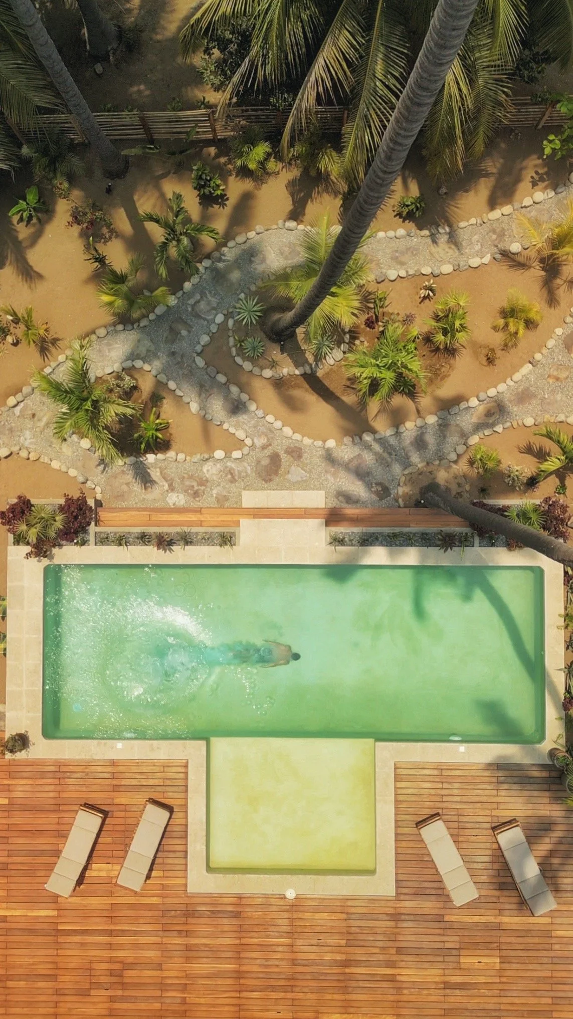 Aerial view of a swimming pool in Playa La Saladita at Casa Carrizo Airbnb with a person swimming, surrounded by a wooden deck with lounge chairs and a landscaped area with palm trees and pathways.