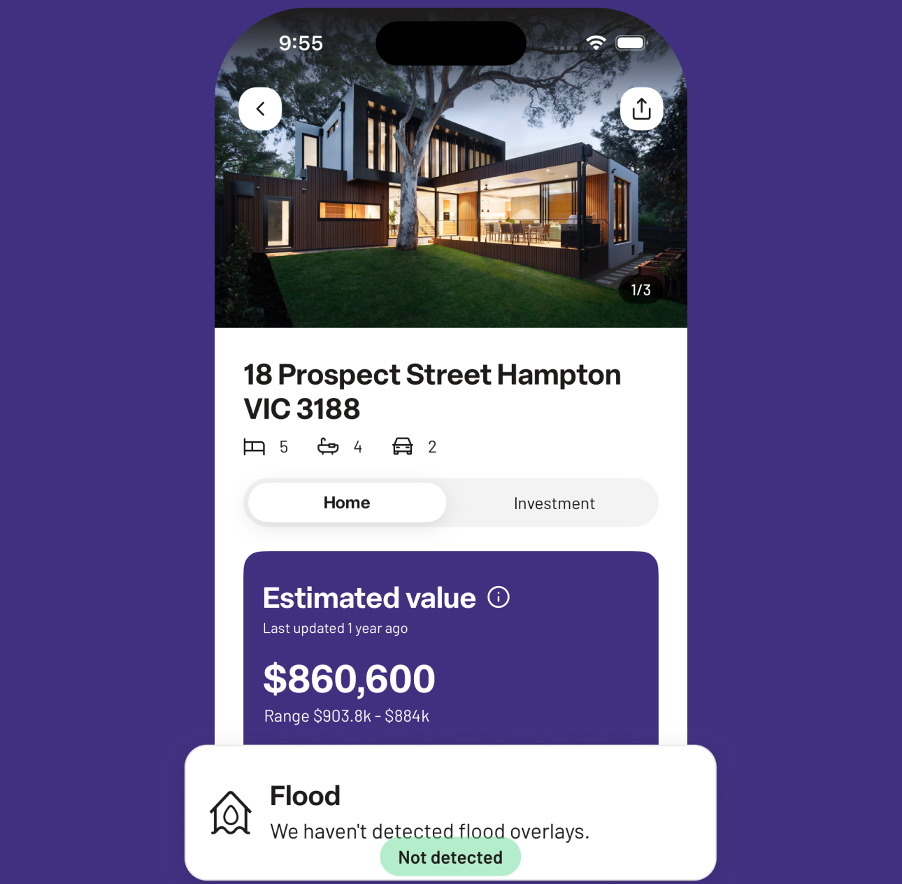 Screenshot of a real estate mobile app showing a modern house at 18 Prospect Street, Hampton, VIC 3188. The house has five bedrooms, four bathrooms, a garage, and two car spaces. The estimated property value is $860,600, with details on range. The app indicates no flood overlays detected.