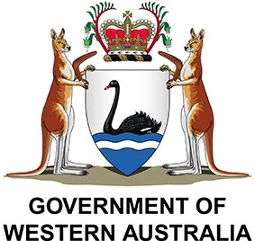 Coat of arms of Western Australia featuring a black swan, a crown, and two kangaroos holding a shield with waves and a black swan, with text 'Government of Western Australia'.