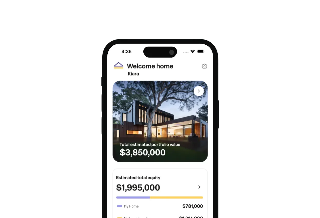 Smartphone screen displaying a real estate app with a modern house photo, portfolio value of $3,850,000, and estimated total equity of $1,995,000.