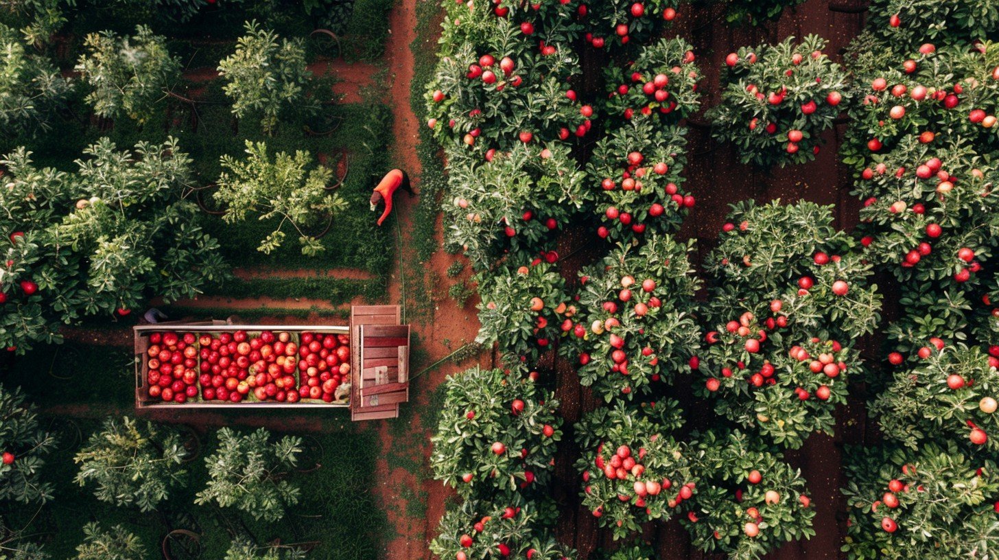 Aerial view of a fruit orchard with apple trees laden with red apples, during harvest.