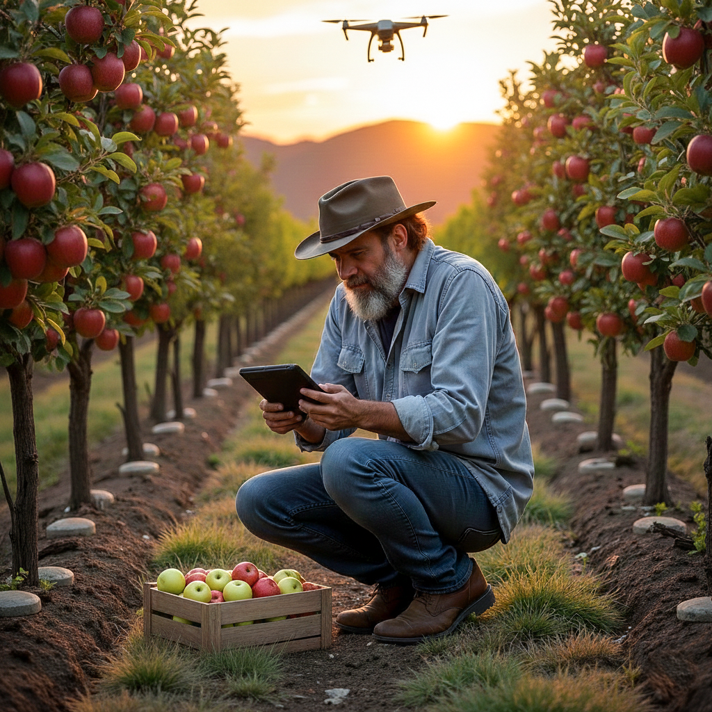 A farm worker in an apple orchard, holding a tablet, with a box of apples on the ground, and a drone flying overhead.