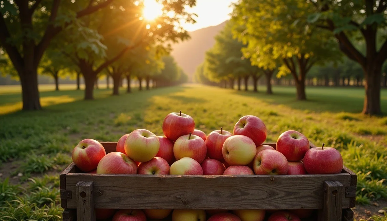 A wooden crate filled with red and yellow apples in an orchard during harvest