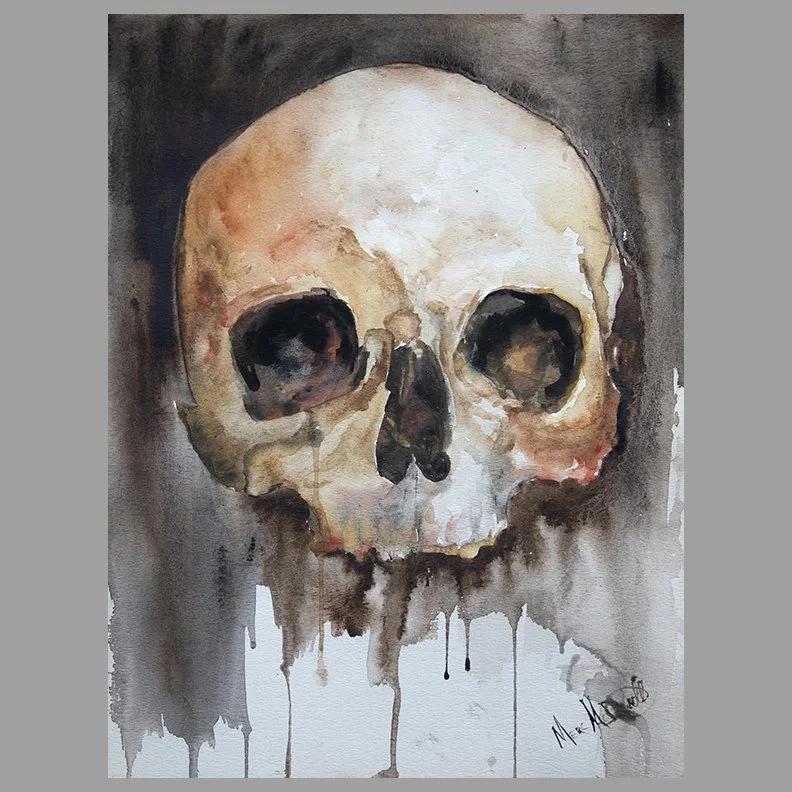 Skull Study 1 – Original 20×15 Watercolor on Vintage Paper