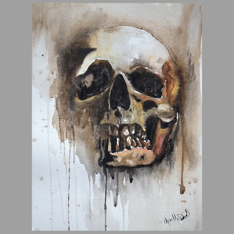 Skull Study 2 – Original 20×15 Watercolor on Vintage Paper