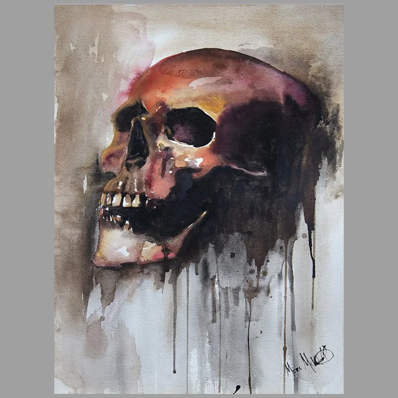 Skull Study 3 – Original 20×15 Watercolor on Vintage Paper