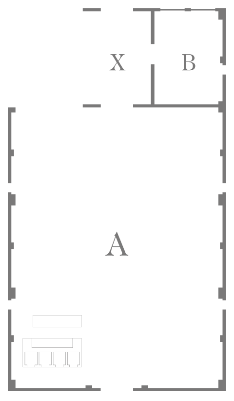 Black and white floor plan of a building with labeled studio spaces A, B, C, and X, and a layout of the kitchen and sanitation in the bottom left corner | Rental Studio for Film, Photography and Events | Hembrug Zaandam | Greater Amsterdam