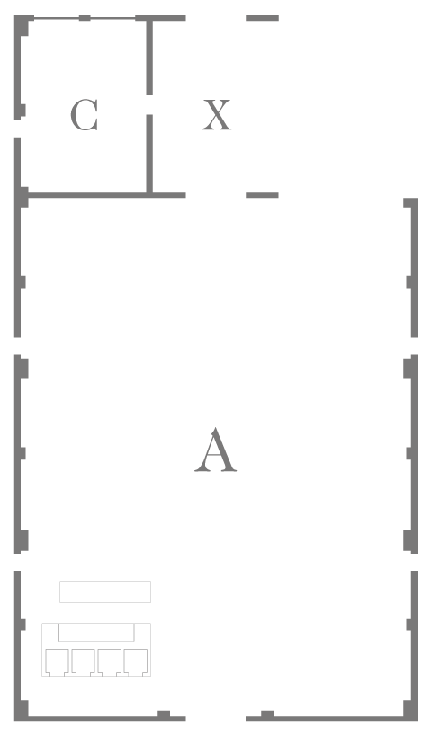 Black and white floor plan of a building with labeled studio spaces A, B, C, and X, and a layout of the kitchen and sanitation in the bottom left corner | Rental Studio for Film, Photography and Events | Hembrug Zaandam | Greater Amsterdam