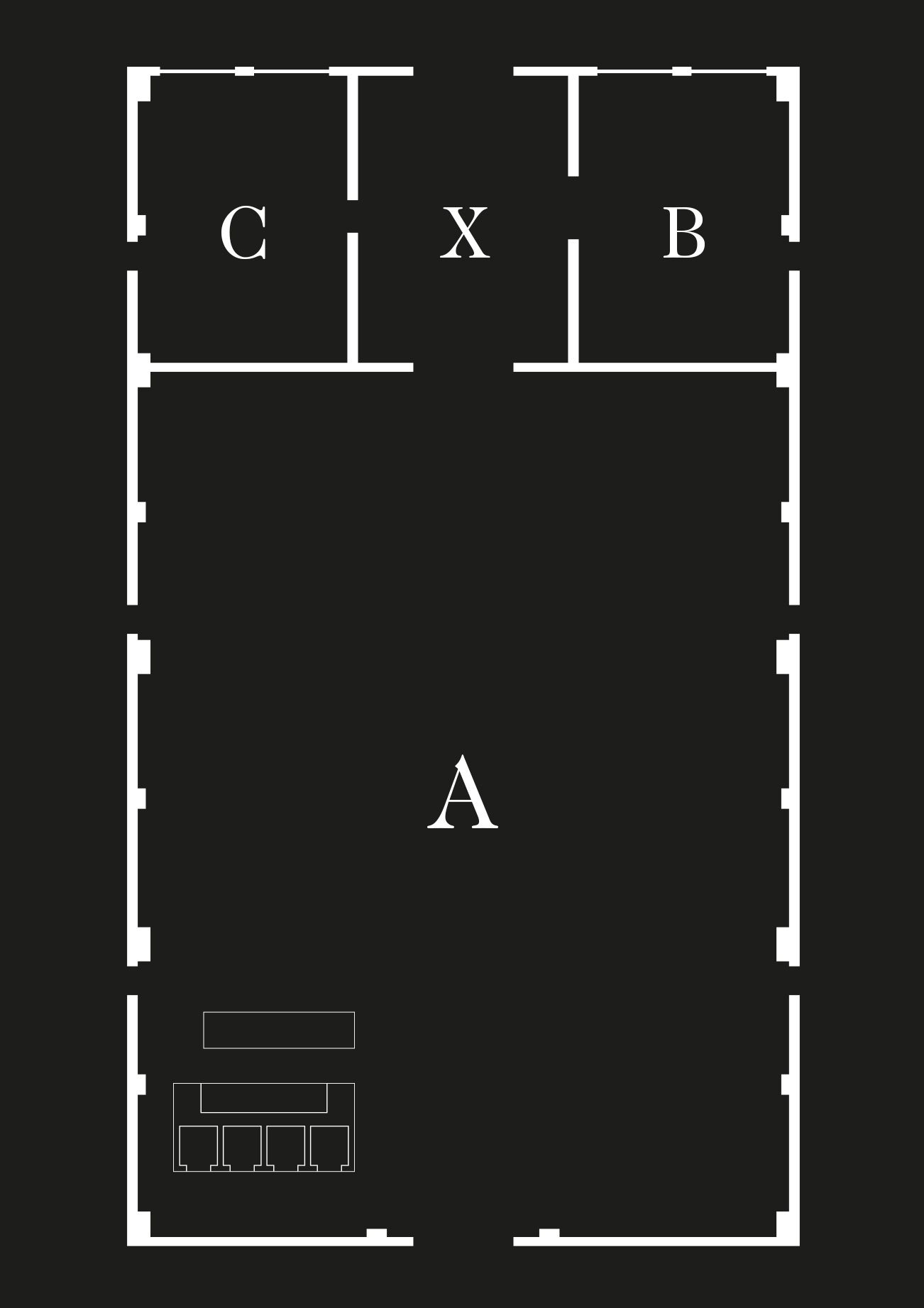 Black and white floor plan of a building with labeled studio spaces A, B, C, and X, and a layout of the kitchen and sanitation in the bottom left corner | Rental Studio for Film, Photography and Events | Hembrug Zaandam | Greater Amsterdam