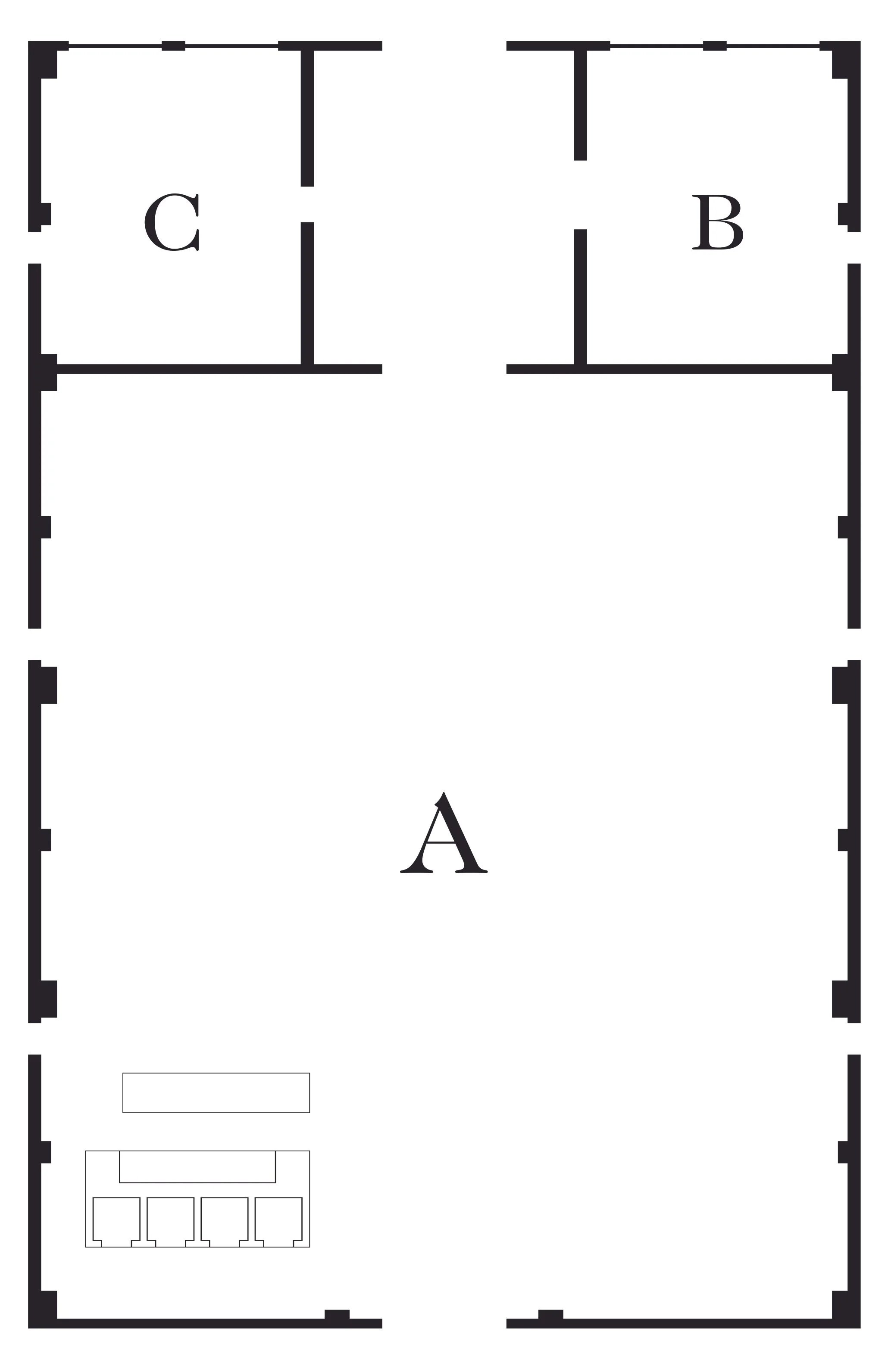 Black and white floor plan of a building with labeled studio spaces A, B, C, and X, and a layout of the kitchen and sanitation in the bottom left corner | Rental Studio for Film, Photography and Events | Hembrug Zaandam | Greater Amsterdam