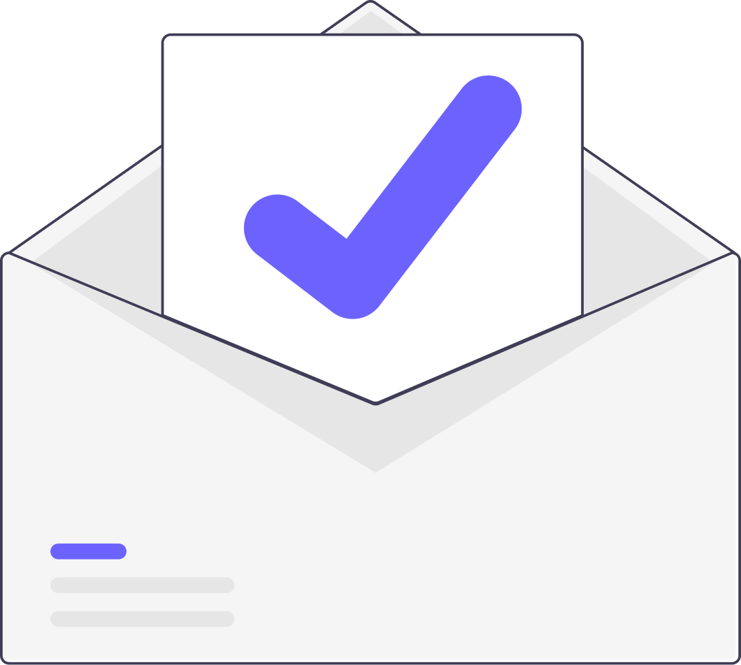 An open white envelope with a sheet of paper inside showing a blue checkmark.