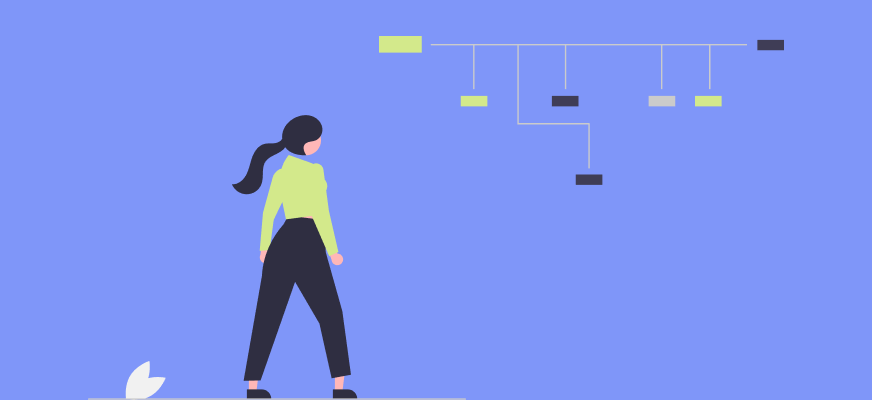 Illustration of a woman looking at a project management or organizational chart on a light blue background.