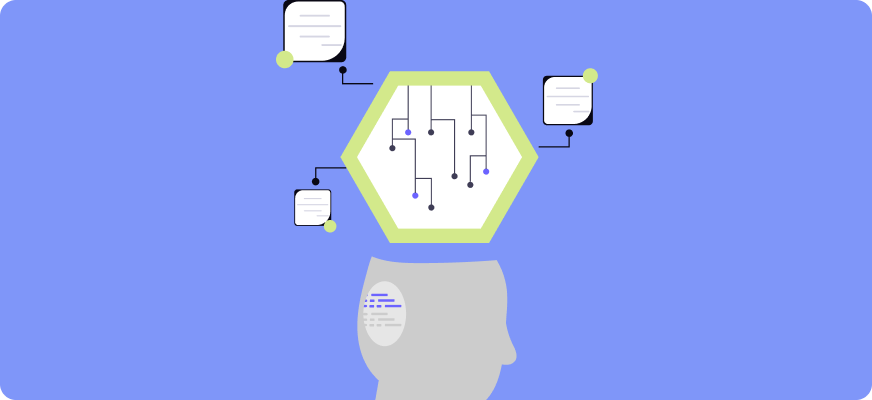 A human head silhouette with a cloudy brain area connected to a hexagon-shaped diagram of a circuit or network, surrounded by four notecards or informational icons against a light blue background.