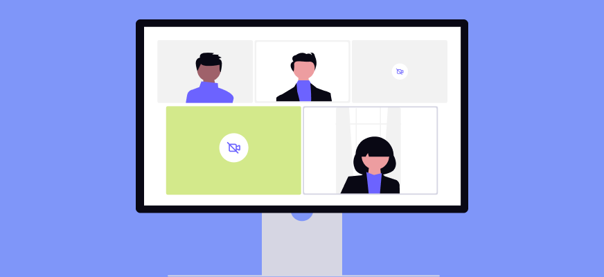 Computer screen showing a video conference with four participants, three with video on and one with video off.