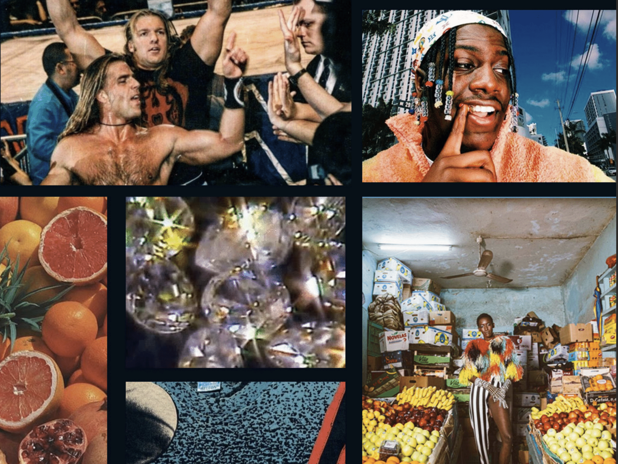 Collage of six images including a wrestling scene with several men, a person wearing a colorful headscarf, a woman lying on a bed, a market stall with fruits, a basket of cherries, and a room with boxes on the floor.