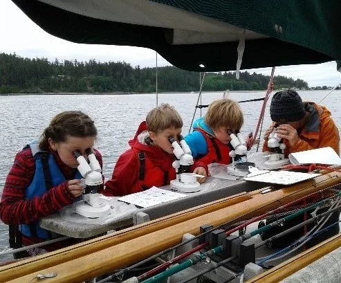 Four children and one adult looking through microscopes on a boat, with a body of water and trees in the background.