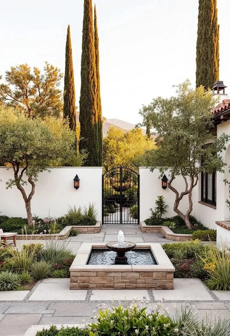 A serene courtyard with a rectangular fountain in the center, surrounded by lush greenery, small trees, and a white wall with black lanterns. There is a black gate in the background, and tall cypress trees and mountain in the distance.