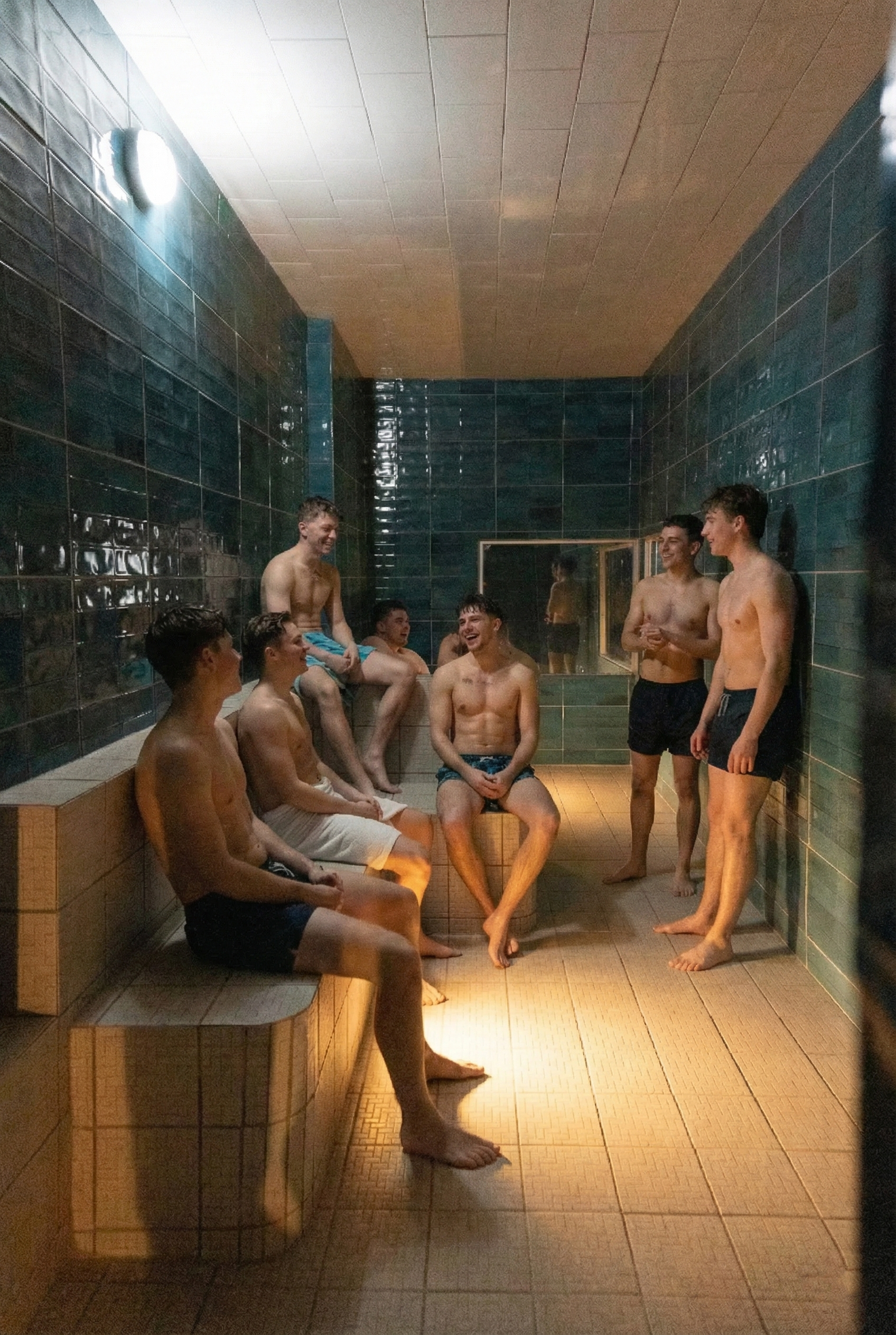 Group of young men in swim trunks relaxing and chatting in a sauna.