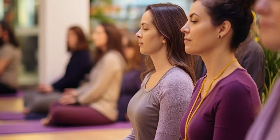 Group of women practicing meditation or yoga in a peaceful indoor setting with their eyes closed.