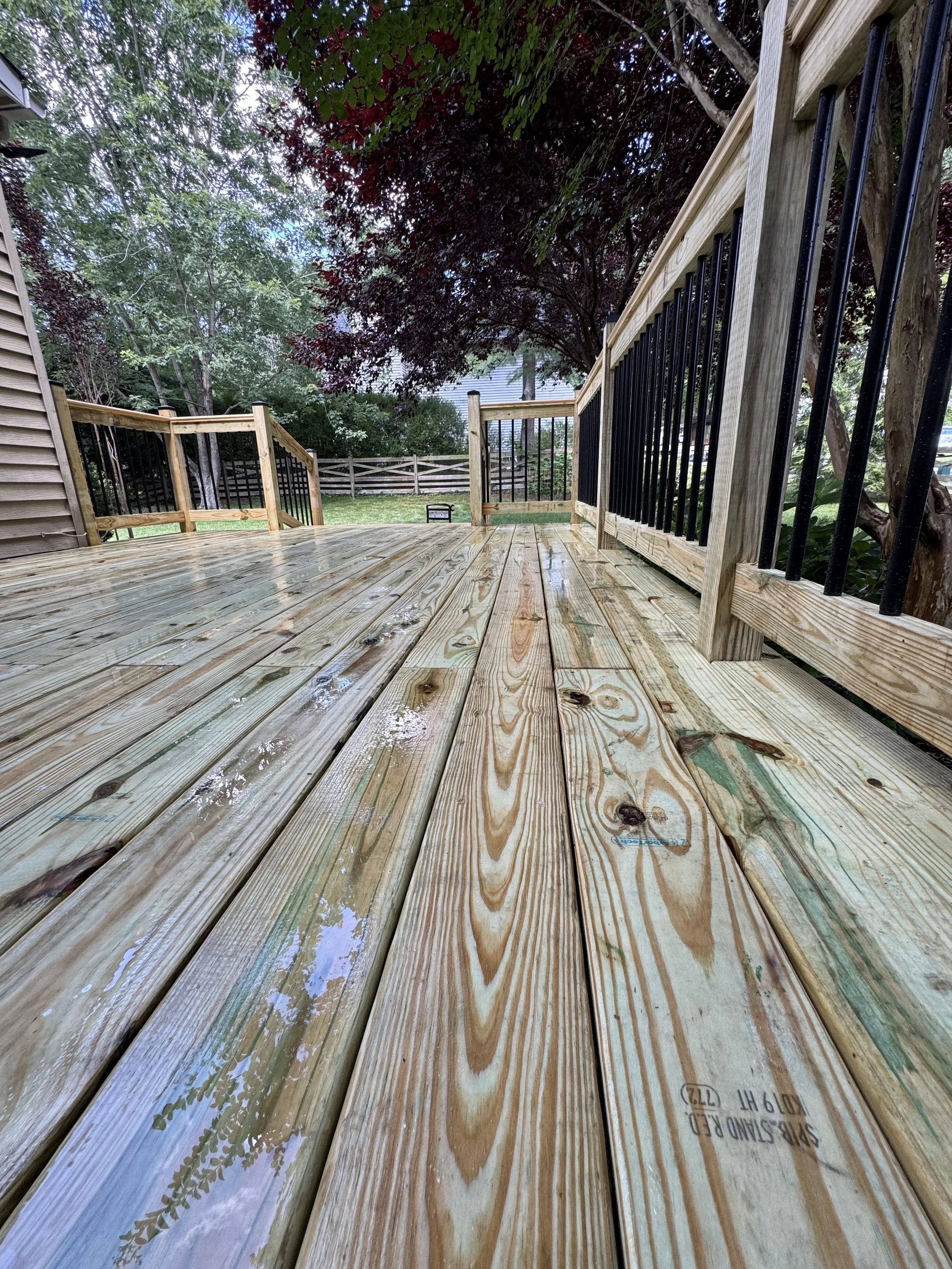 Freshly built wooden deck with wet surface, surrounded by lush green trees and fenced yard, under a partly cloudy sky.
