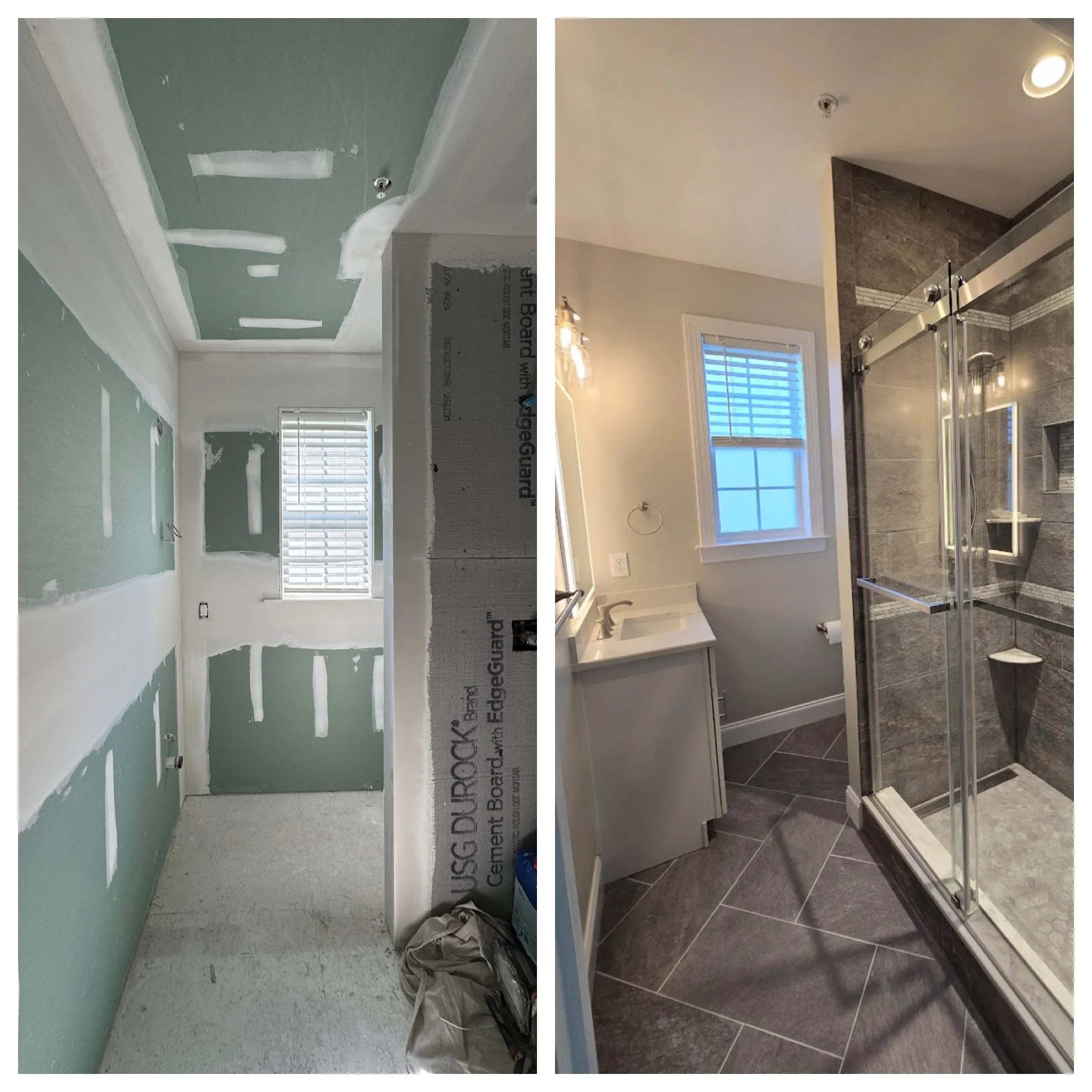 Side-by-side photos of a bathroom renovation: the left shows an unfinished bathroom with green drywall, markings, and construction materials; the right shows a finished, modern bathroom with a sink, window, and glass shower enclosure with gray tiles.
