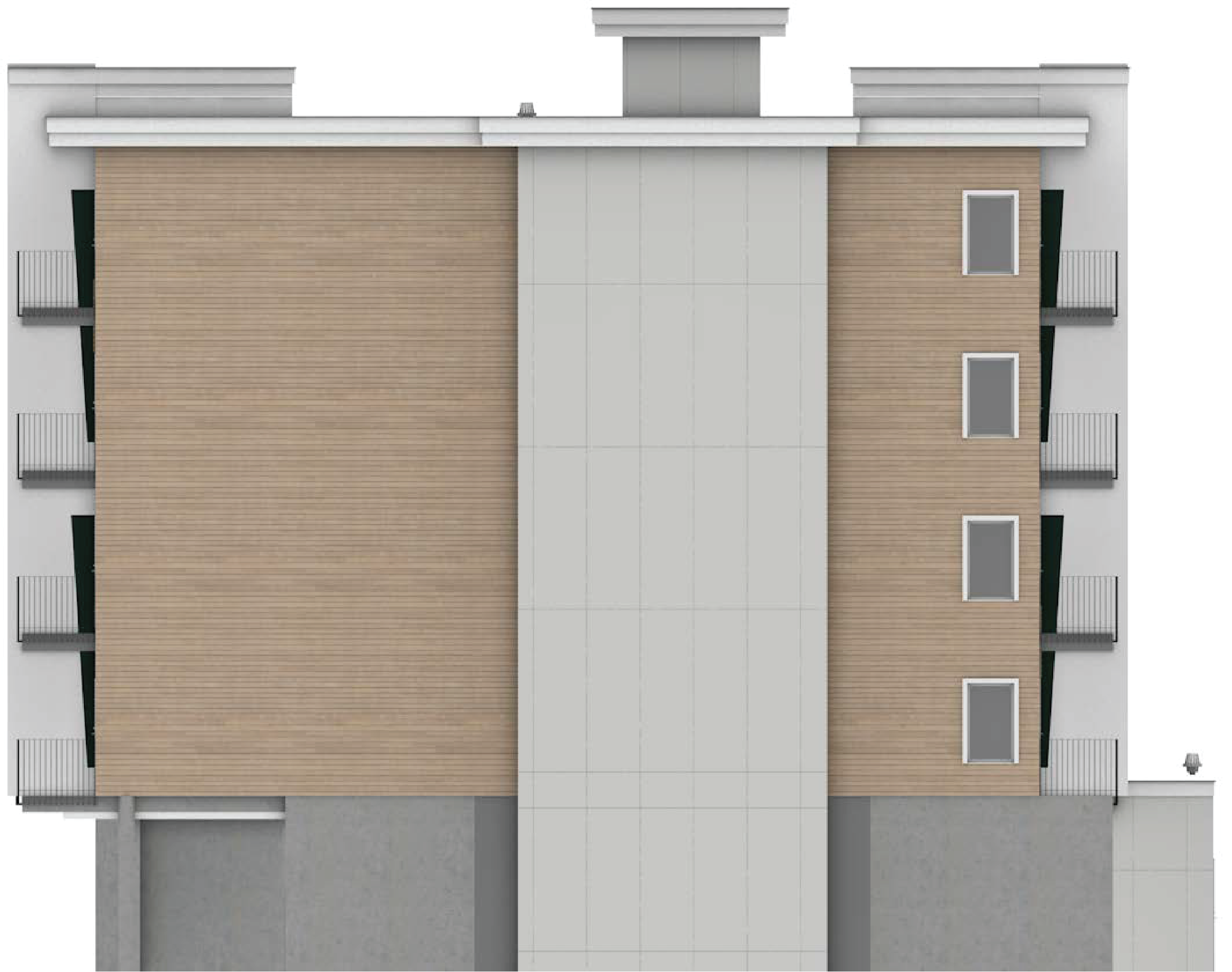 Top-down view of a modern apartment building with multiple floors, featuring wooden exterior walls, several small balconies with metal railings, and a flat roof. The building has rectangular windows and a light gray section in the center.