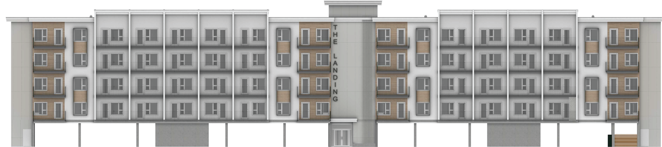 Elevated view of a modern, multi-story apartment building with balconies, beige and gray exterior, and the words 'The Landing' written vertically on a central wall.