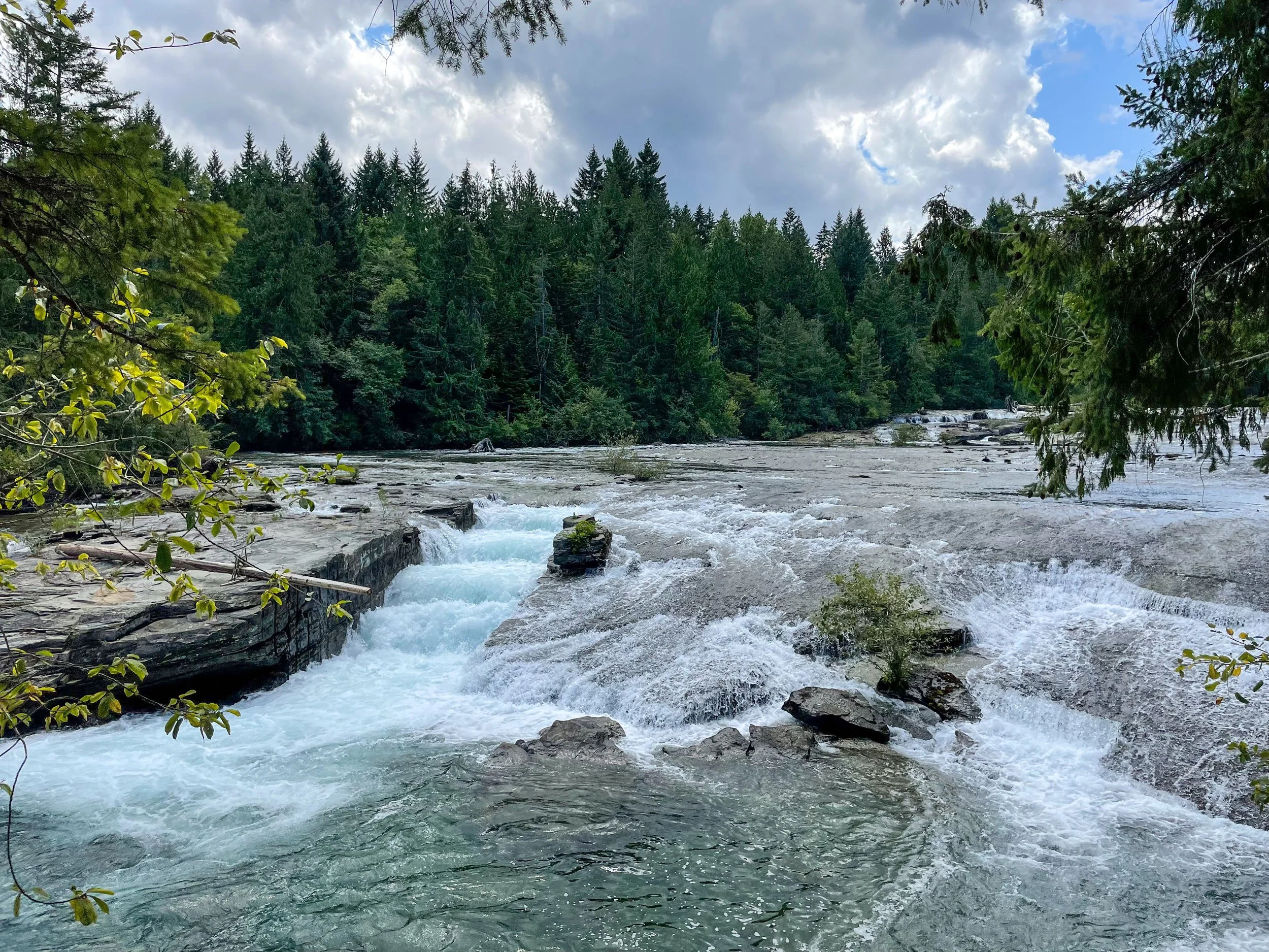 A view overlooking rushing water in a large river with large trees in background and white clouds in a blue sky
