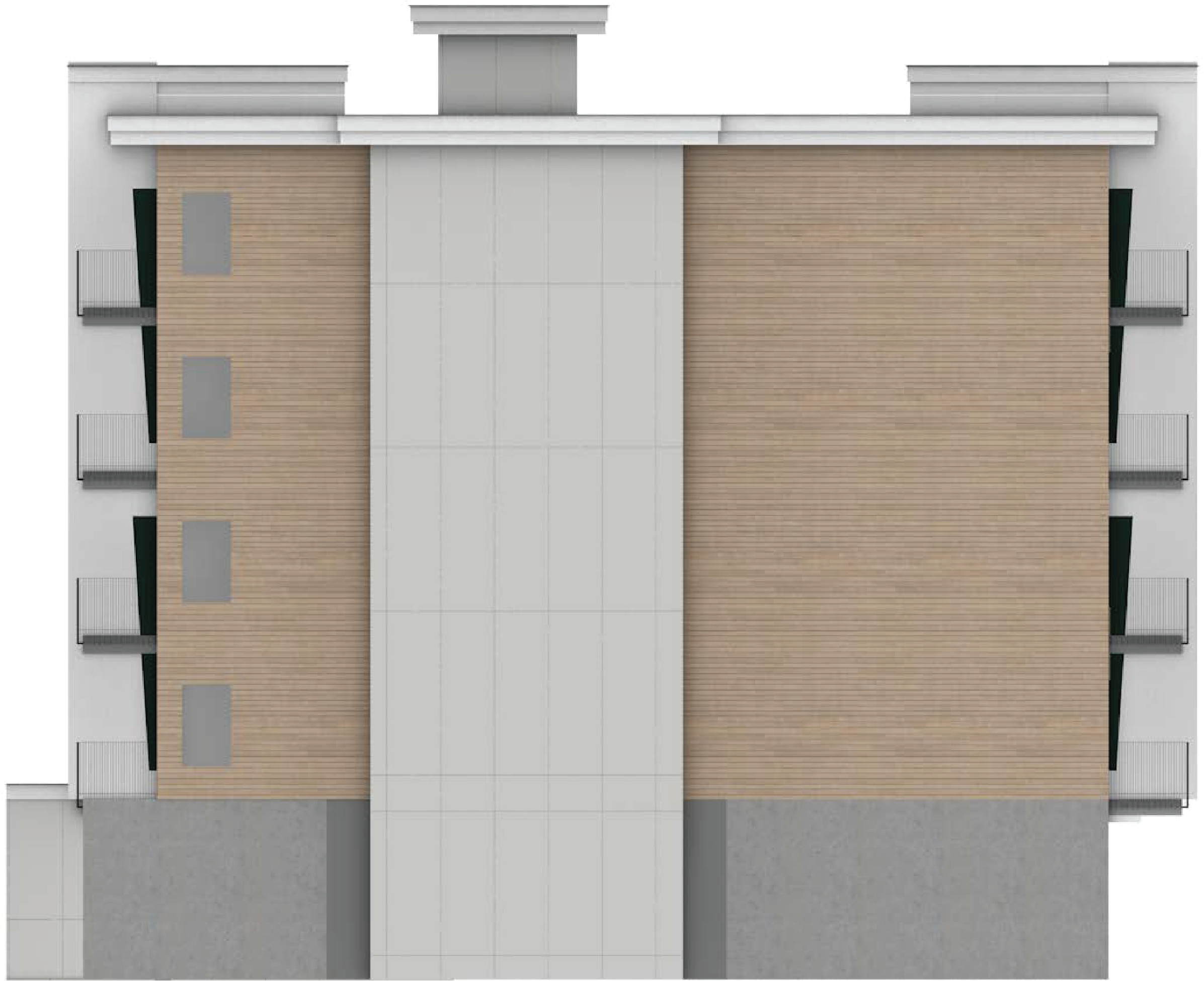 Top-down view of a modern multi-story apartment building with wooden balconies and a central concrete section.