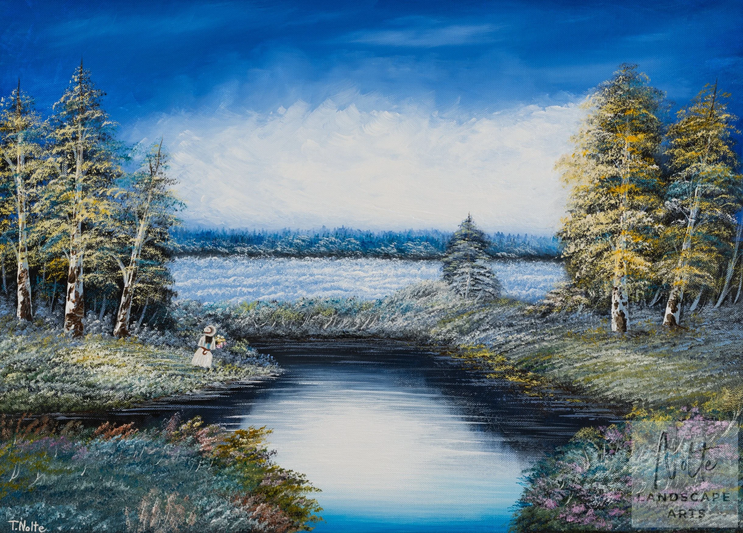 Original artwork by Tobias Nolte titled “Flower Girl”. A hand-painted acrylic painting (70x50 cm) featuring a little girl, who collects flowers near an icy lake in a cold, blue winter landscape, perfect for winter art lovers.
