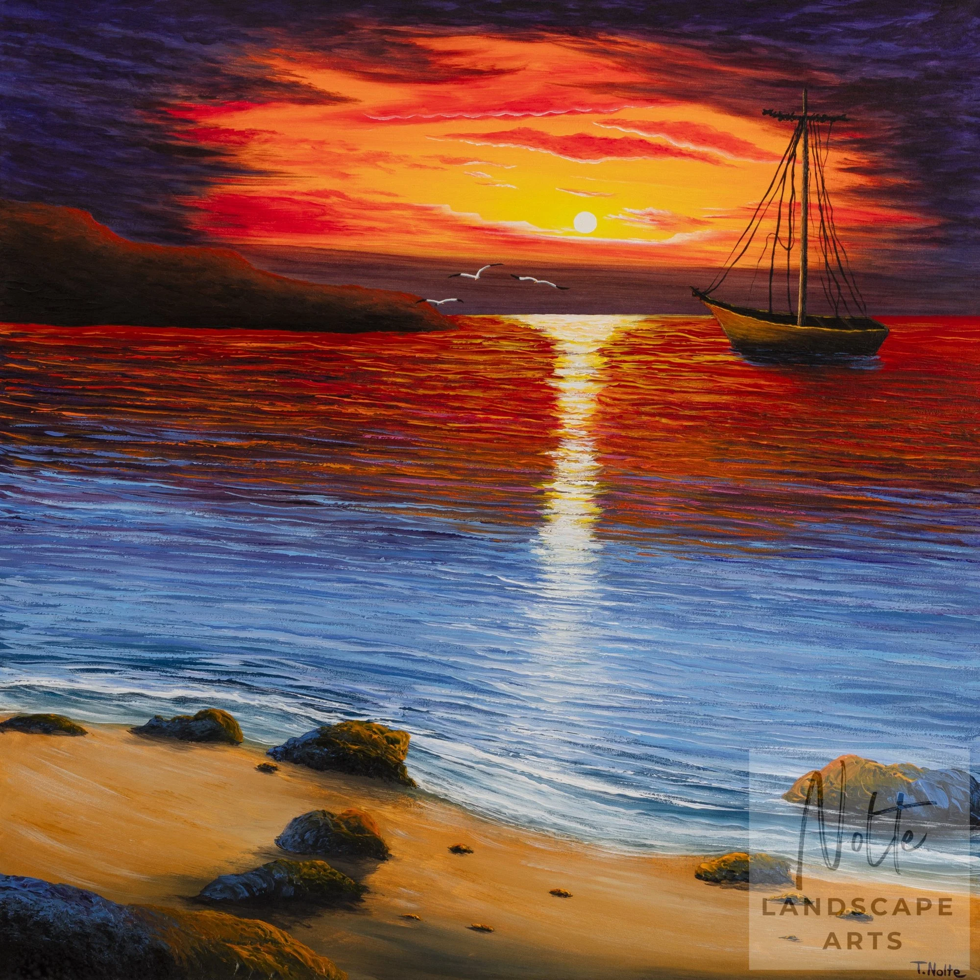 Handgemaltes Acrylgemälde mit einem ruhigen Meer, das das rote Licht eines glühenden Sonnenuntergangs reflektiert, sowie einem kleinen Boot in der Küstenszene.
