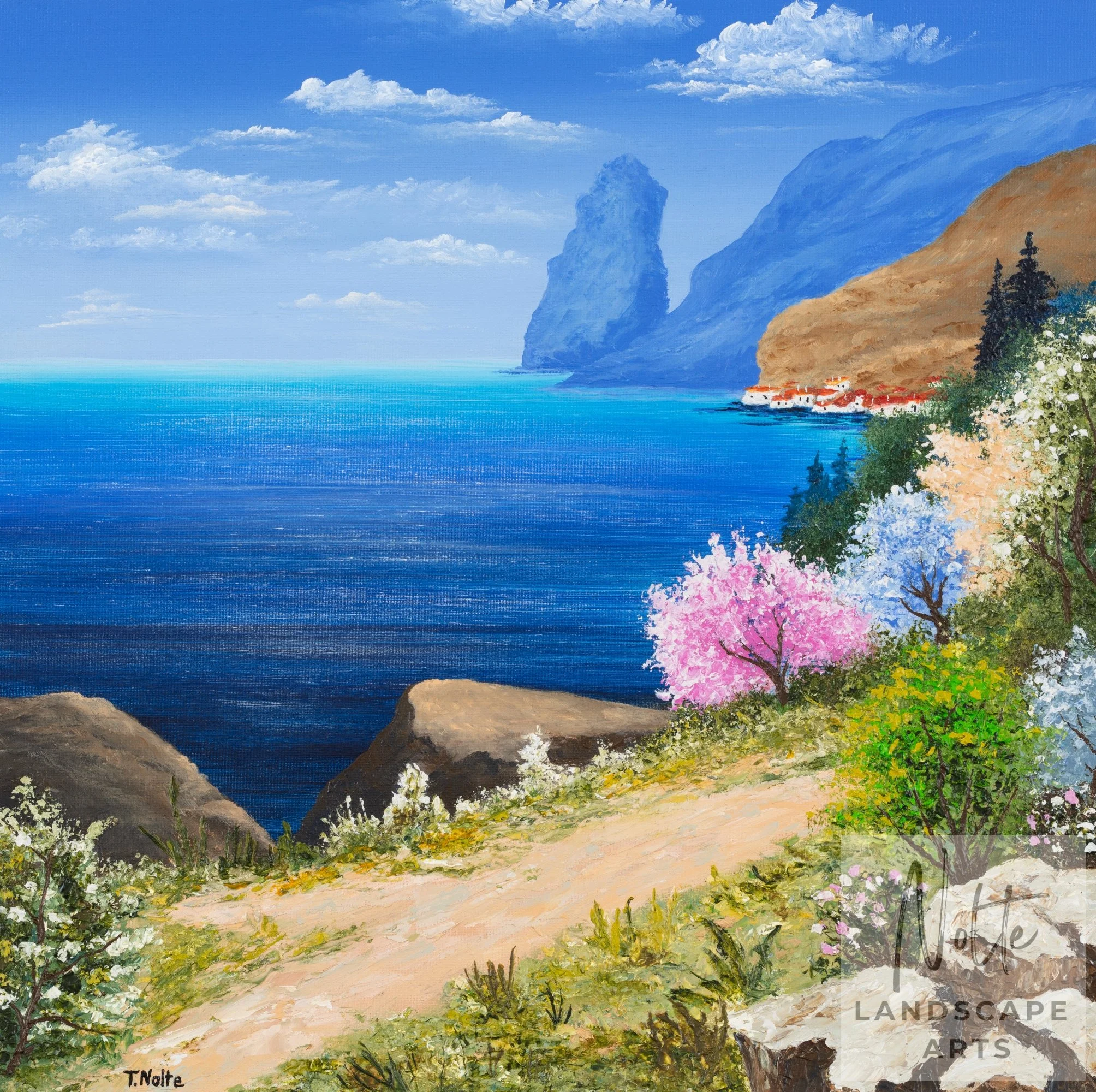 Handgemaltes Ölgemälde von Tobias Nolte in einem Rahmen mit Blick auf ein blaues Meerespanorama entlang eines Wanderwegs, umgeben von farbenfrohen Bäumen und Felsen.