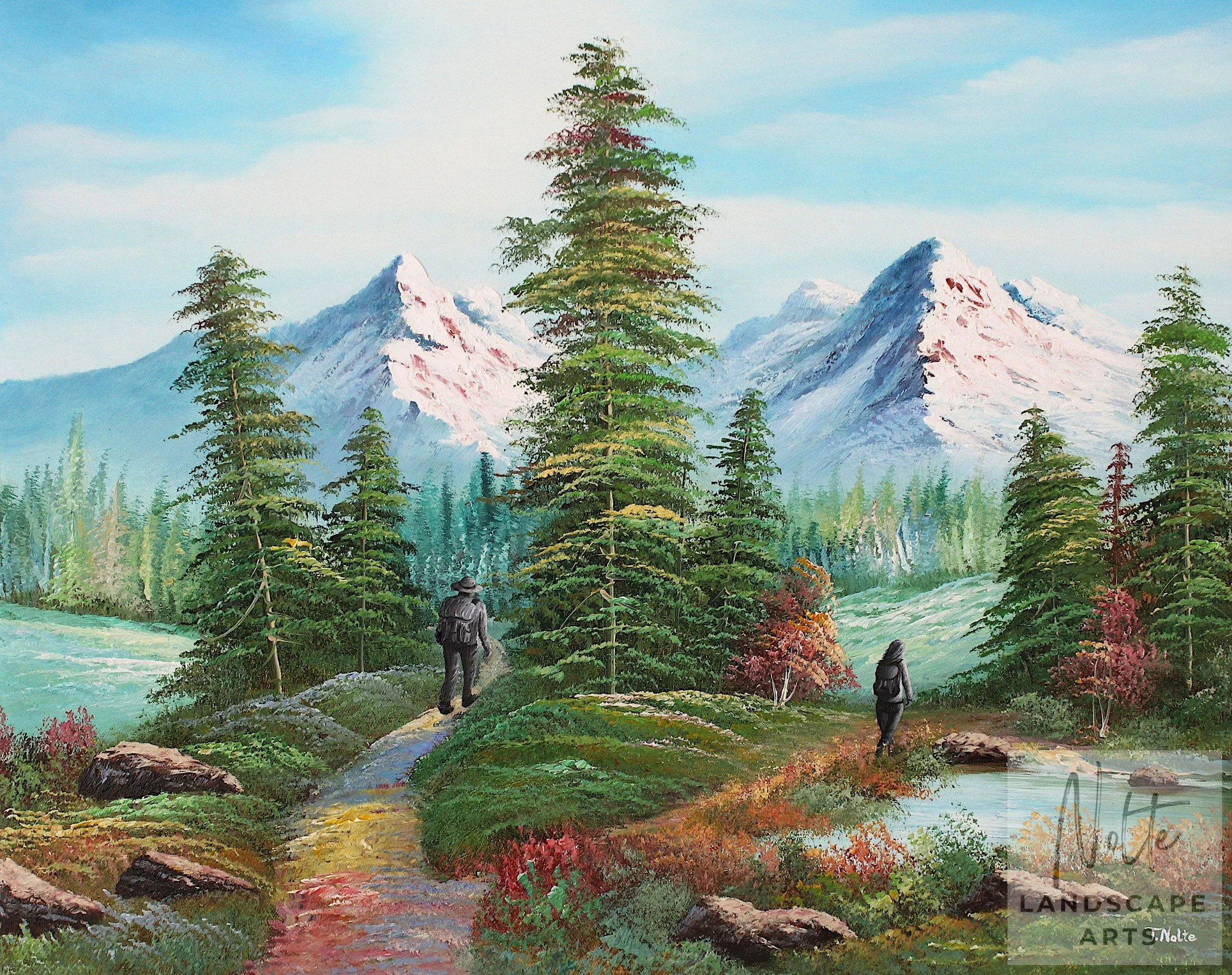 Colorful landscape painting with snowy mountains, fir trees and a lake. A man and a woman in black and white walk separate paths, divided by a fir tree, symbolizing separation.