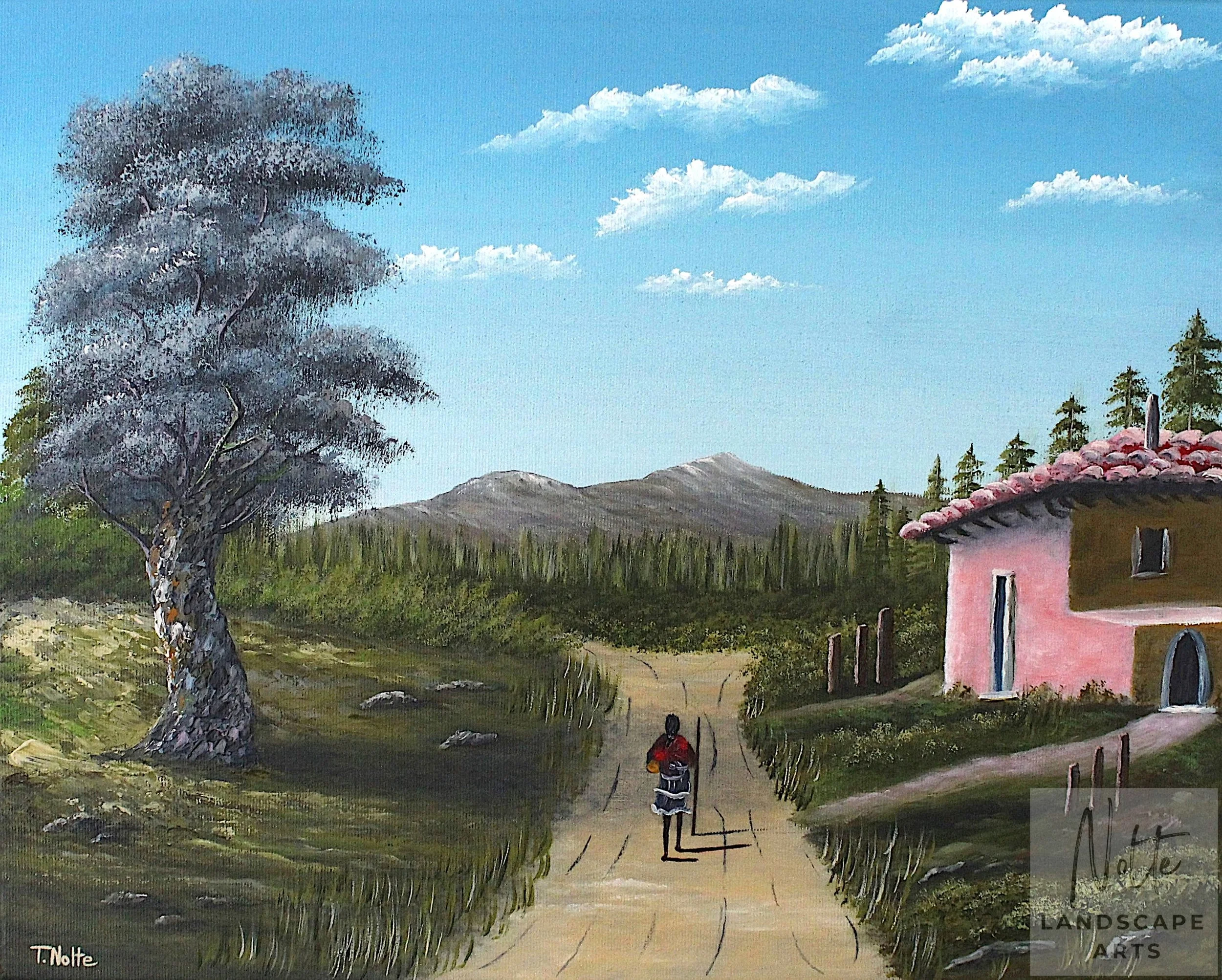 Wanderer auf Weg in mediterraner Landschaft mit Bäumen und Haus.